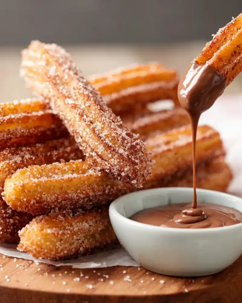 Golden crispy gluten-free churros coated in cinnamon sugar with chocolate dip