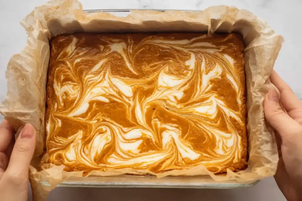 Hands lifting a parchment-lined pan of baked gluten-free pumpkin cheesecake bars with a marbled pumpkin and cheesecake swirl on top.