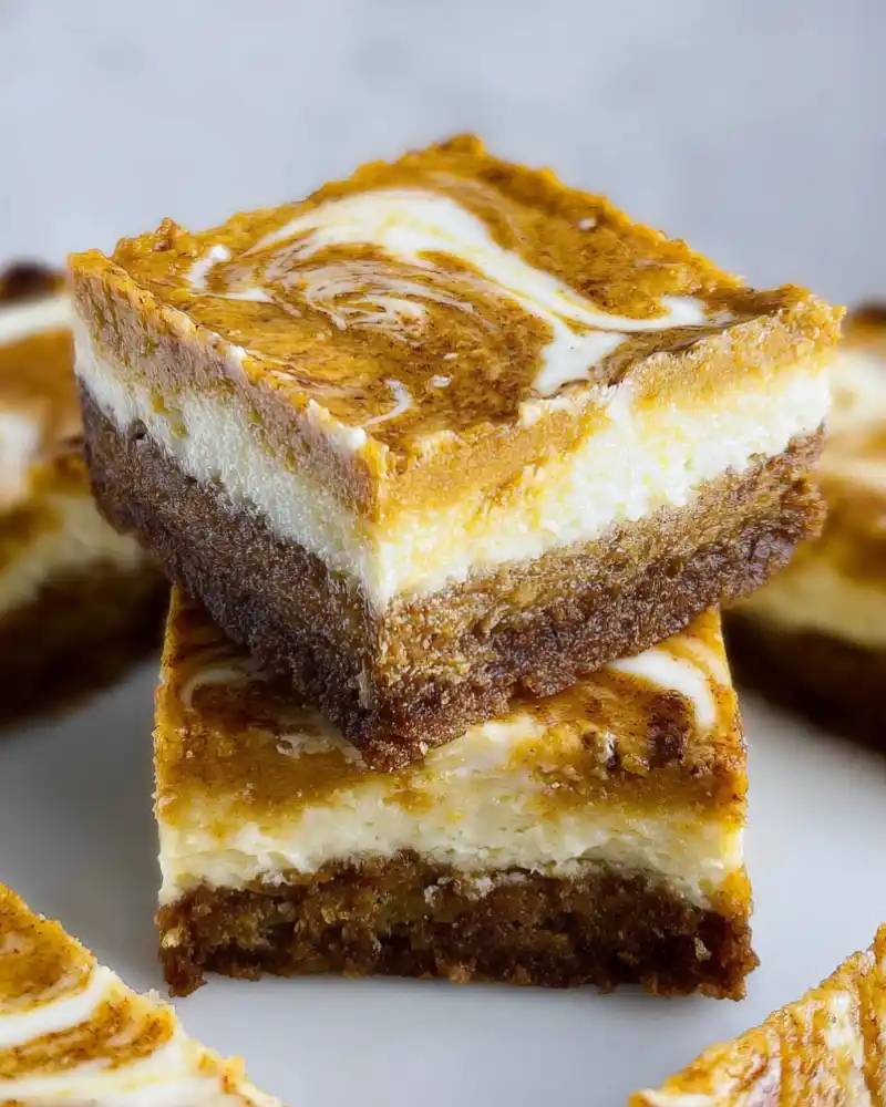 Gluten-free pumpkin cheesecake bars with graham cracker crust.
