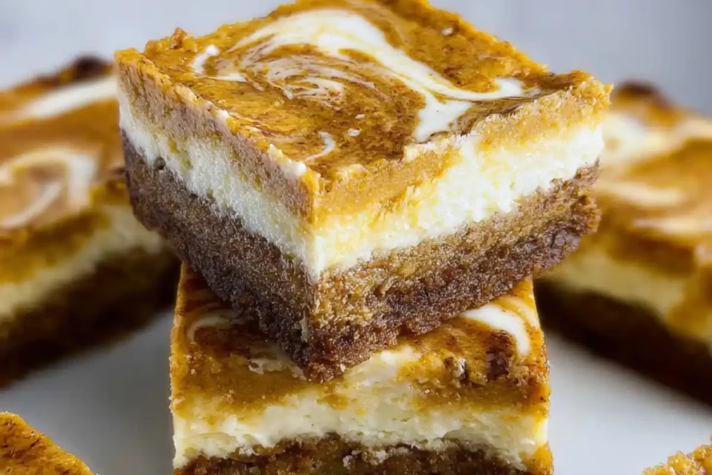 Gluten-free pumpkin cheesecake bars with graham cracker crust.