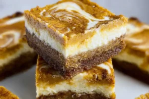 Gluten-free pumpkin cheesecake bars with graham cracker crust.