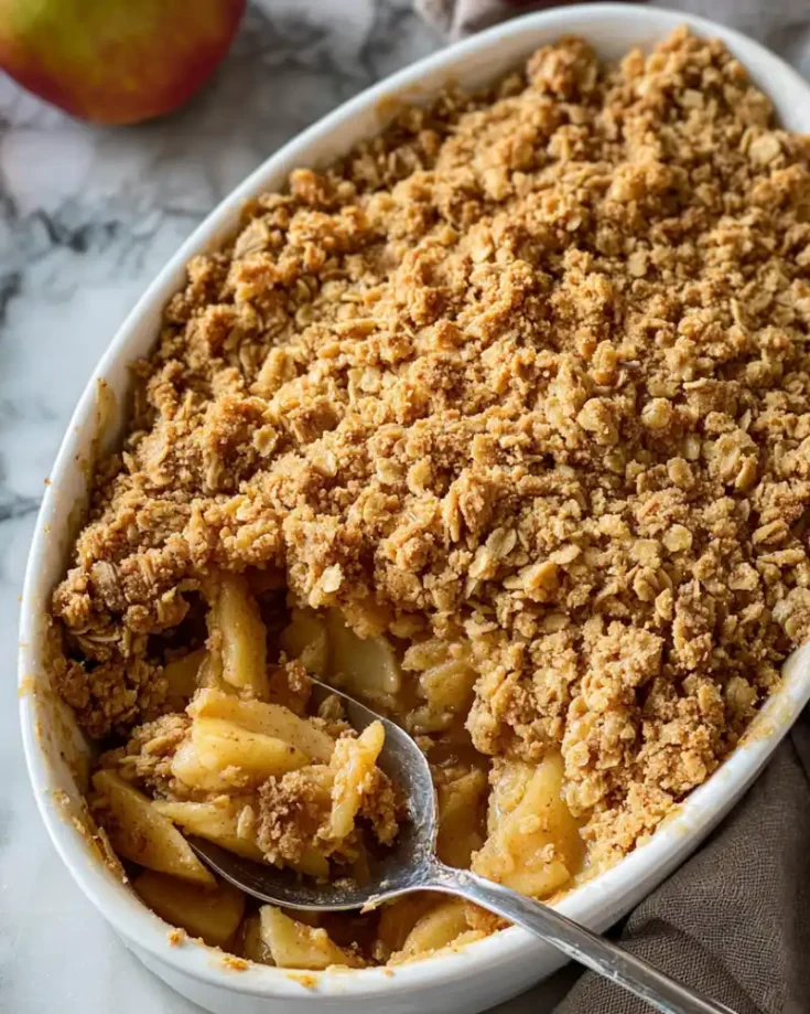 Gluten-free apple crisp in a baking dish with a golden oat topping just out of the oven.