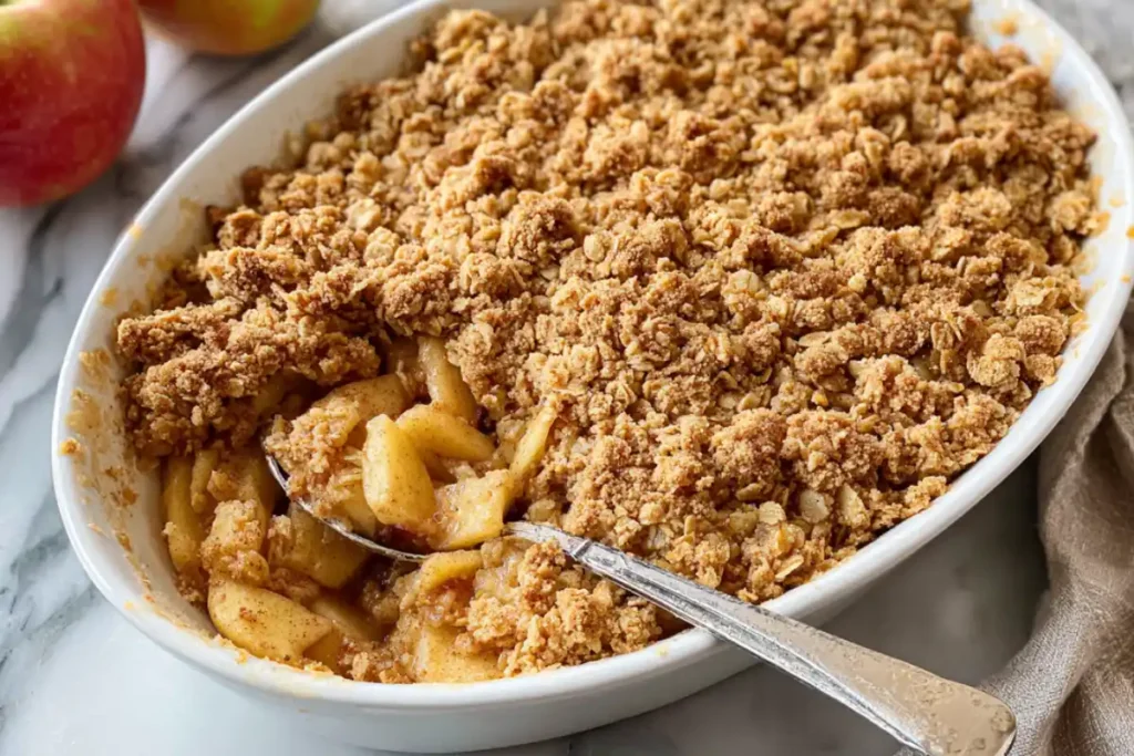 Gluten-free apple crisp in a baking dish with a golden oat topping just out of the oven.