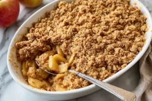 Gluten-free apple crisp in a baking dish with a golden oat topping just out of the oven.