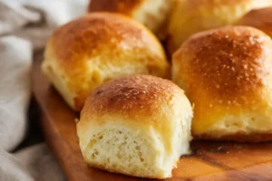 Soft, golden gluten-free dinner rolls on a rustic wooden board, brushed with melted butter and showing a fluffy, tender crumb inside.