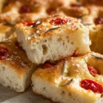 Gluten-free focaccia Bread topped with cherry tomatoes, garlic, and rosemary on a baking tray.