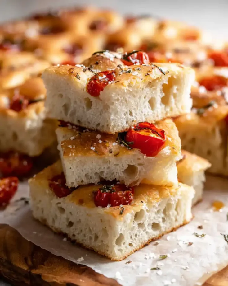 Gluten-free focaccia Bread topped with cherry tomatoes, garlic, and rosemary on a baking tray.