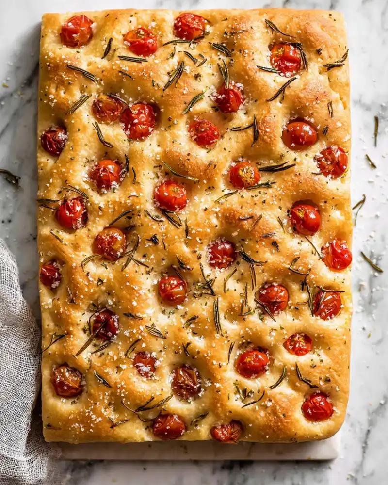 Gluten-free focaccia Bread topped with cherry tomatoes, garlic, and rosemary on a baking tray.