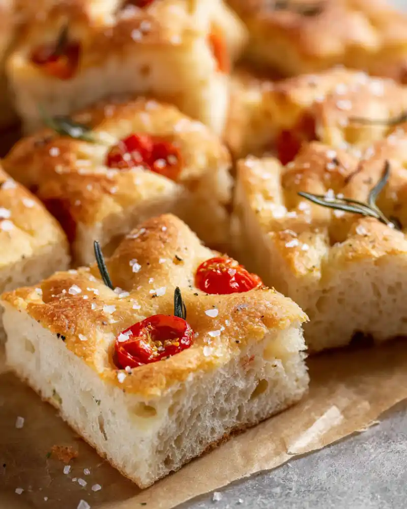 Gluten-free focaccia Bread topped with cherry tomatoes, garlic, and rosemary.