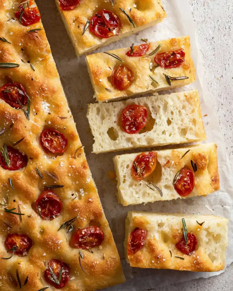 Gluten-free focaccia Bread topped with cherry tomatoes, garlic, and rosemary.