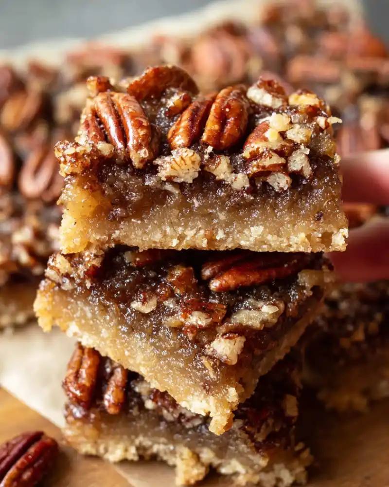 Close-up stack of Gluten-Free Pecan Bars showing gooey maple pecan filling and golden shortbread crust, with whole toasted pecans on top.