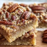 Gluten-Free Pecan Bars stacked on a wooden board, showing a gooey pecan topping and thick shortbread crust in a close-up view.