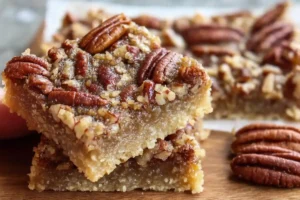 Gluten-Free Pecan Bars stacked on a wooden board, showing a gooey pecan topping and thick shortbread crust in a close-up view.