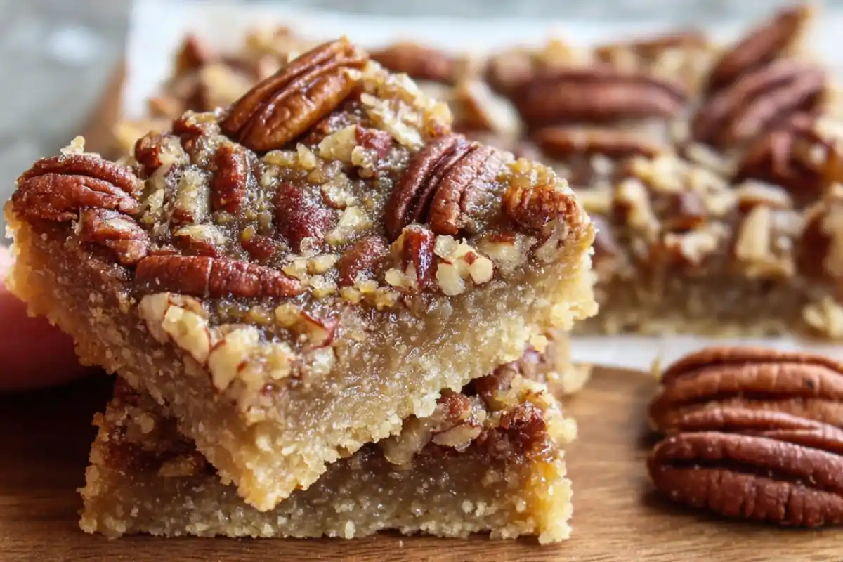 Gluten-Free Pecan Bars stacked on a wooden board, showing a gooey pecan topping and thick shortbread crust in a close-up view.