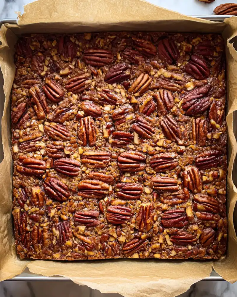 Gluten-Free Pecan Bars in an 8-inch square pan lined with parchment, showing a glossy layer of toasted pecans across the top.