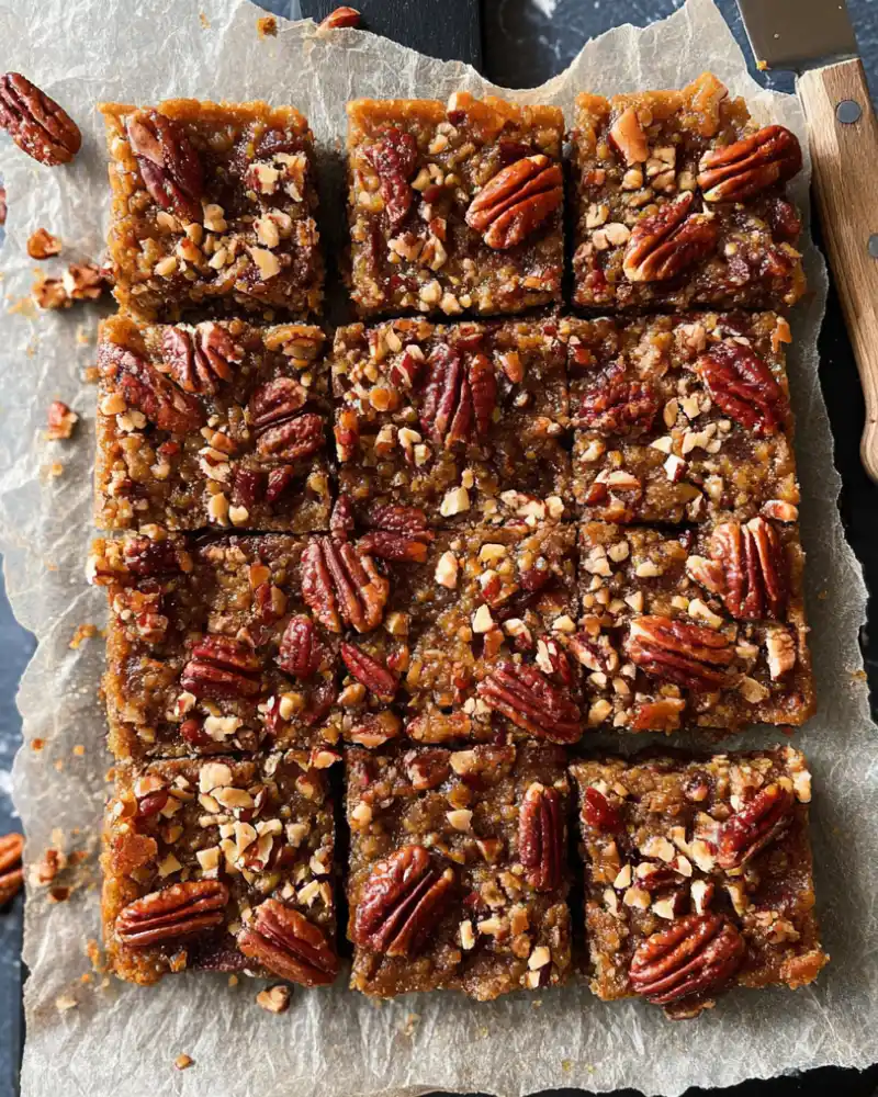 Gluten-Free Pecan Bars cut into squares on parchment paper, topped with chopped and whole toasted pecans in an overhead view.