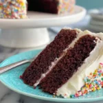Slice of gluten-free chocolate cake with vanilla frosting on a plate.