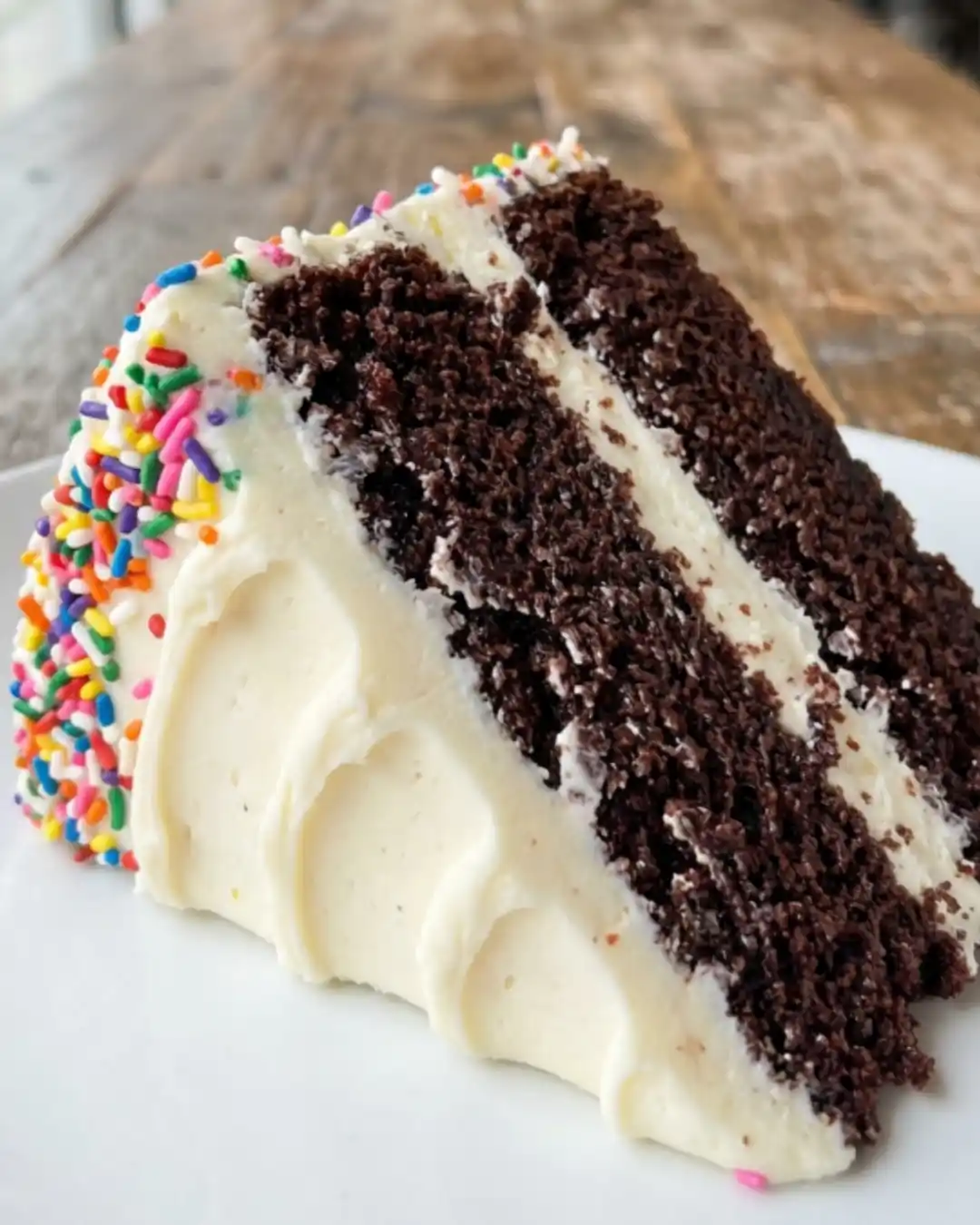 Slice of gluten-free chocolate cake with vanilla frosting on a plate.