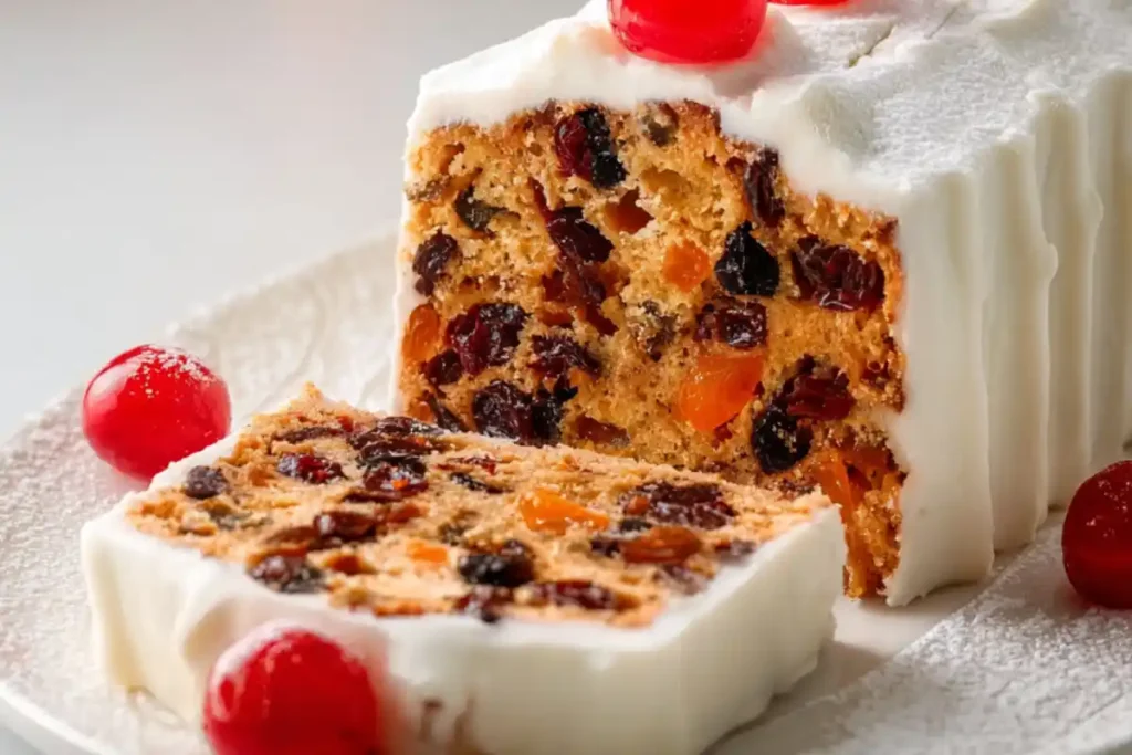 Gluten-free fruit cake loaf covered in white icing, sliced to show dense fruit-and-nut interior, garnished with red cherries on a white platter.