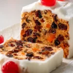 Gluten-free fruit cake loaf covered in white icing, sliced to show dense fruit-and-nut interior, garnished with red cherries on a white platter.