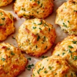 gluten free cheddar bay biscuits on a parchment-lined baking sheet