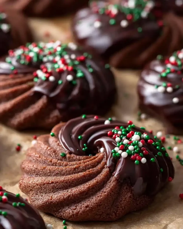 Gluten free chocolate butter cookies piped into swirls and S‑shapes, half dipped in dark chocolate and decorated with sprinkles.
