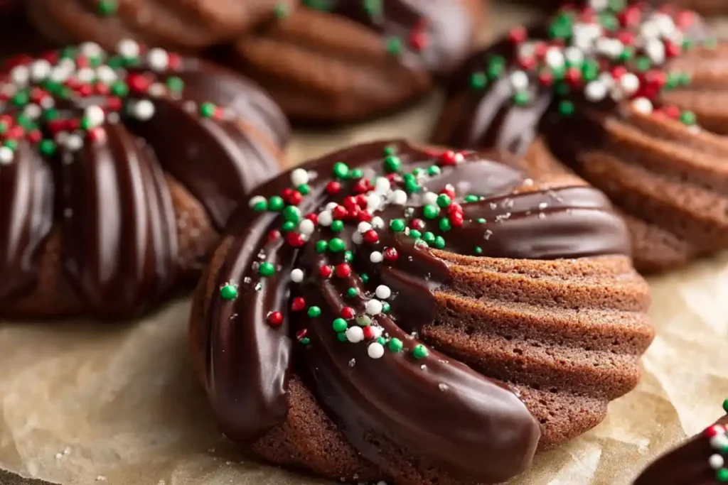 Gluten-free chocolate butter cookies piped into swirls and S‑shapes, half dipped in dark chocolate and decorated with sprinkles.