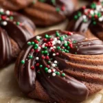 Gluten-free chocolate butter cookies piped into swirls and S‑shapes, half dipped in dark chocolate and decorated with sprinkles.