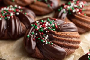 Gluten-free chocolate butter cookies piped into swirls and S‑shapes, half dipped in dark chocolate and decorated with sprinkles.