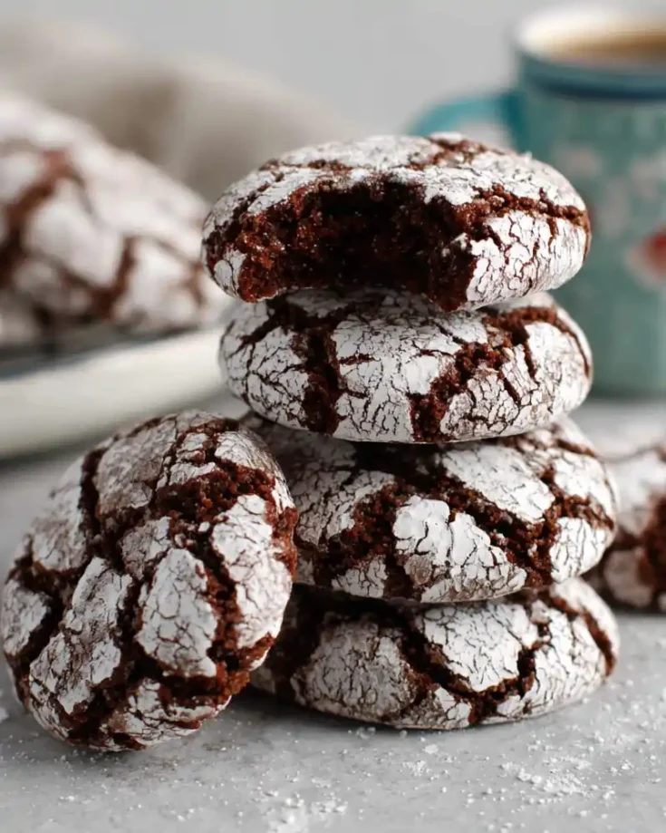 Gluten-free chocolate crinkle cookies with crackled powdered sugar.
