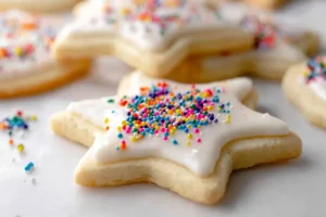 Gluten-Free Sugar Cookies iced with white frosting and topped with rainbow sprinkles.