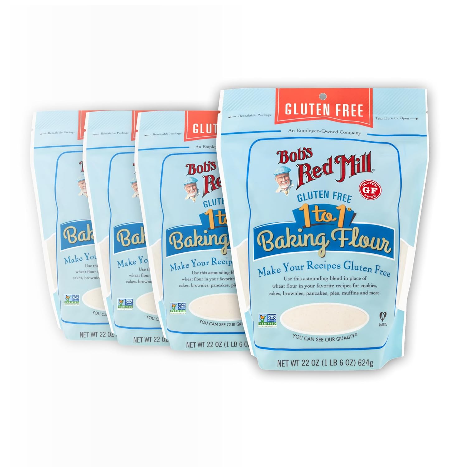 Bob's Red Mill Gluten Free 1 to 1 Baking Flour, 22oz (Pack of 4) - Non GMO, Vegan, Kosher