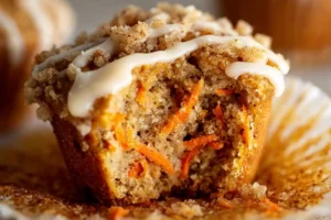 Close-up of a moist gluten-free carrot cake muffin with cream cheese glaze drizzle.