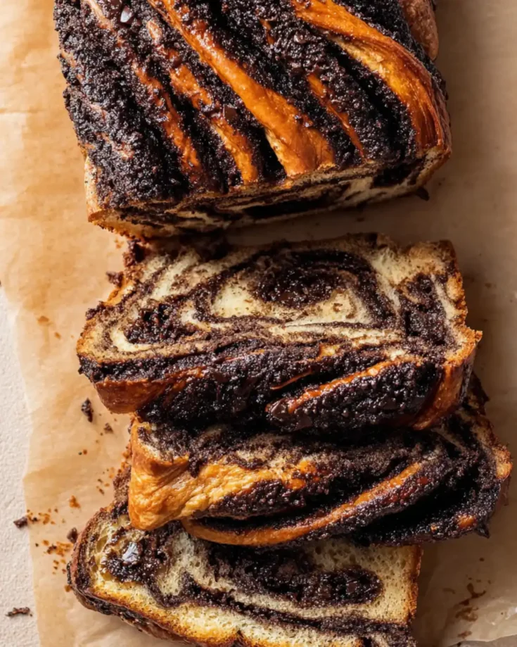 Gluten-Free Chocolate Babka Loaf with glossy chocolate swirls on parchment paper