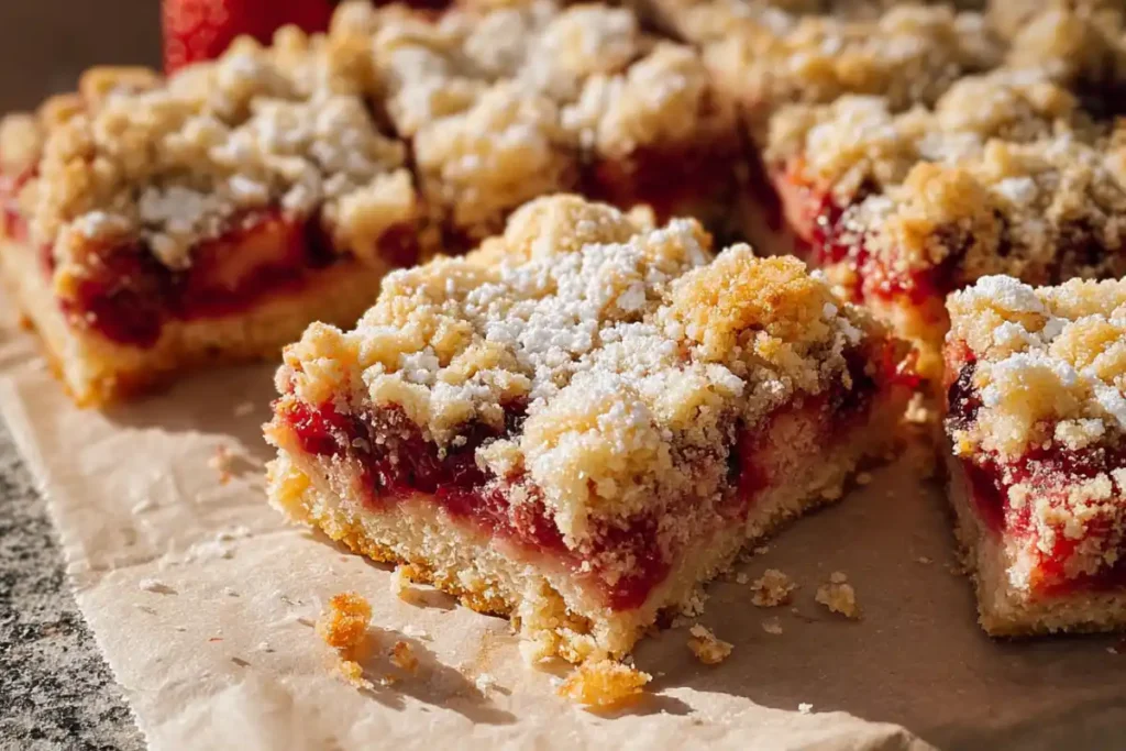 Gluten-free strawberry crumb cake with sliced strawberries and crumb topping