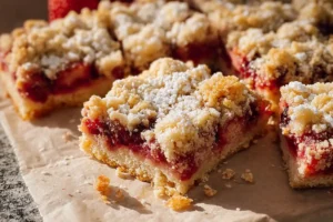 Gluten-free strawberry crumb cake with sliced strawberries and crumb topping