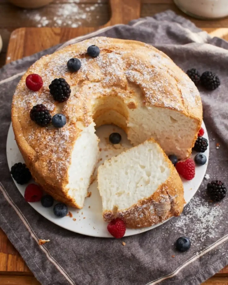 Gluten-Free Angel Food Cake on a white cake stand