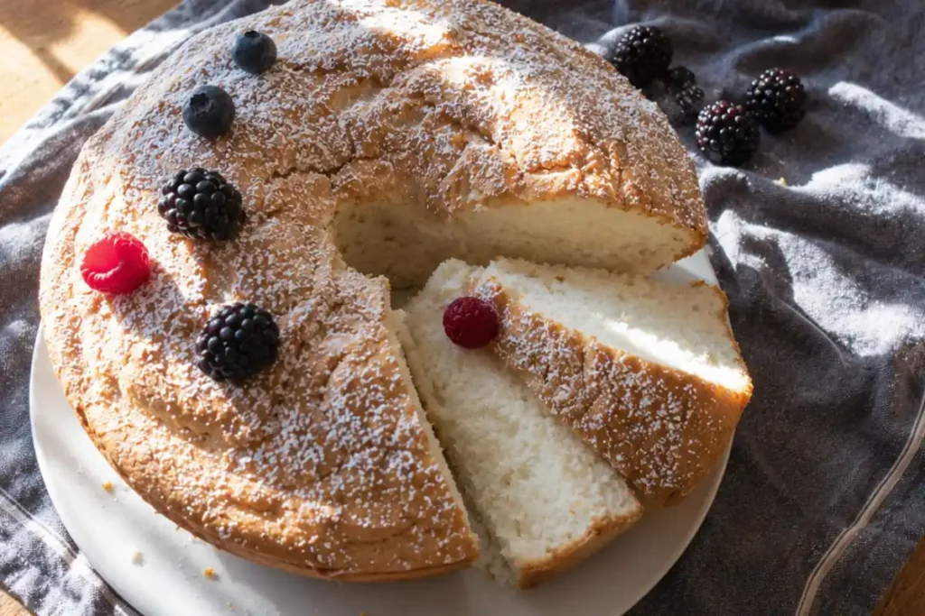 Gluten-Free Angel Food Cake on a white cake stand