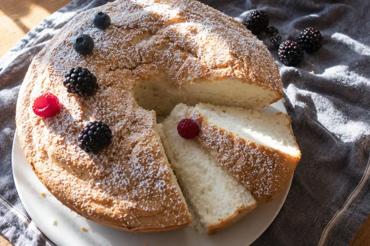 Gluten-Free Angel Food Cake on a white cake stand
