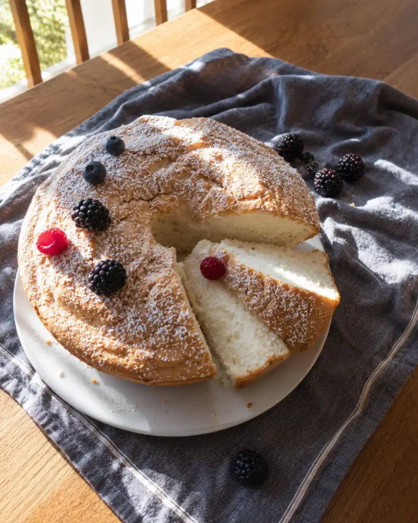 Gluten-Free Angel Food Cake on a white cake stand