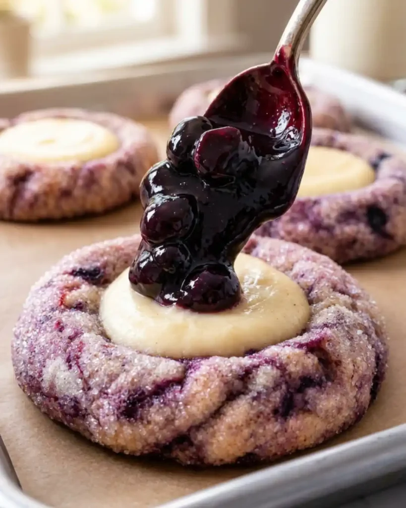 Homemade gluten-free blueberry cheesecake cookies topped with blueberry sauce