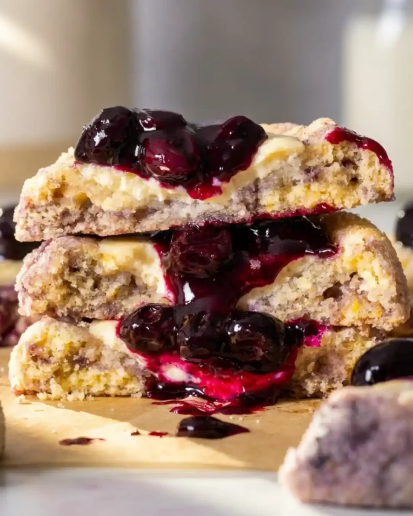 Stack of gluten-free blueberry cheesecake cookies sliced in half
