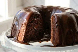 Gluten-Free Chocolate Bundt Cake with chocolate glaze on cake stand