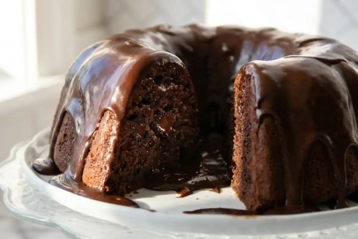 Gluten-Free Chocolate Bundt Cake with chocolate glaze on cake stand