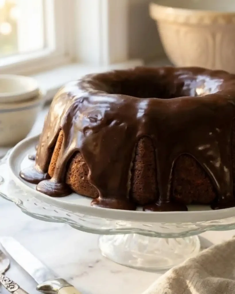 Gluten-Free Chocolate Bundt Cake with chocolate glaze on cake stand