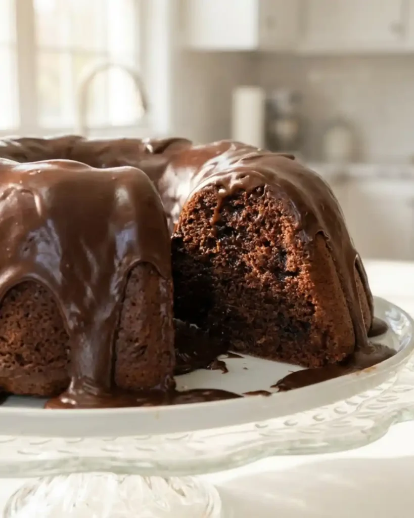 Close-up of Gluten-Free Chocolate Bundt Cake sliced for serving