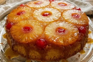 Gluten-Free Pineapple Upside Down Cake on cake stand