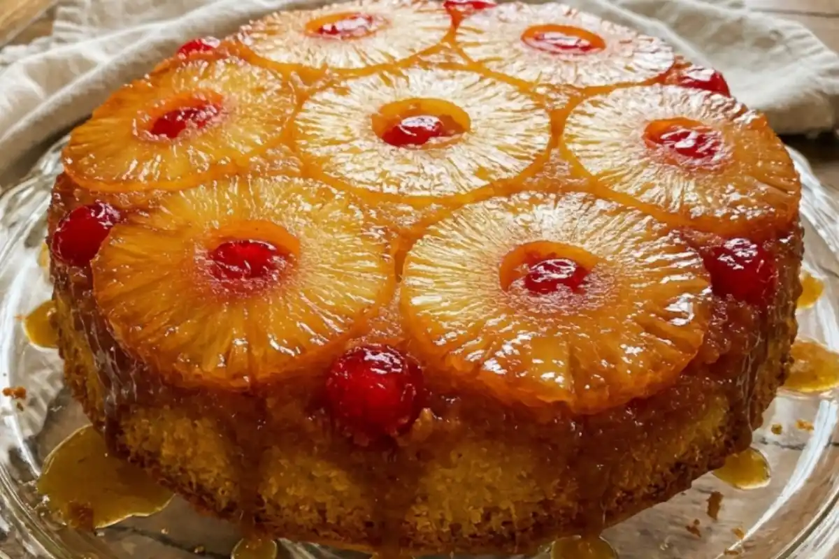 Gluten-Free Pineapple Upside Down Cake on cake stand