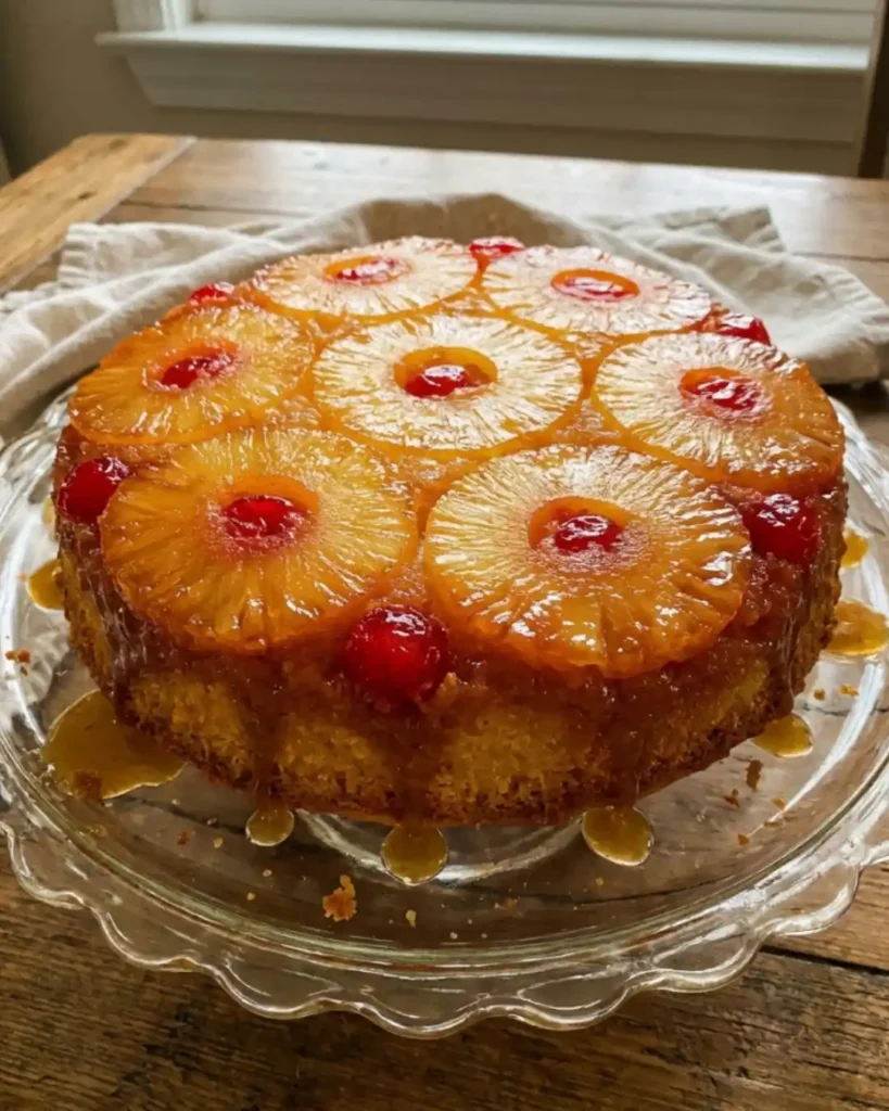 Gluten-Free Pineapple Upside Down Cake on cake stand