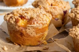 Gluten-Free Peach Streusel Muffins topped with cinnamon crumb and fresh peach pieces.